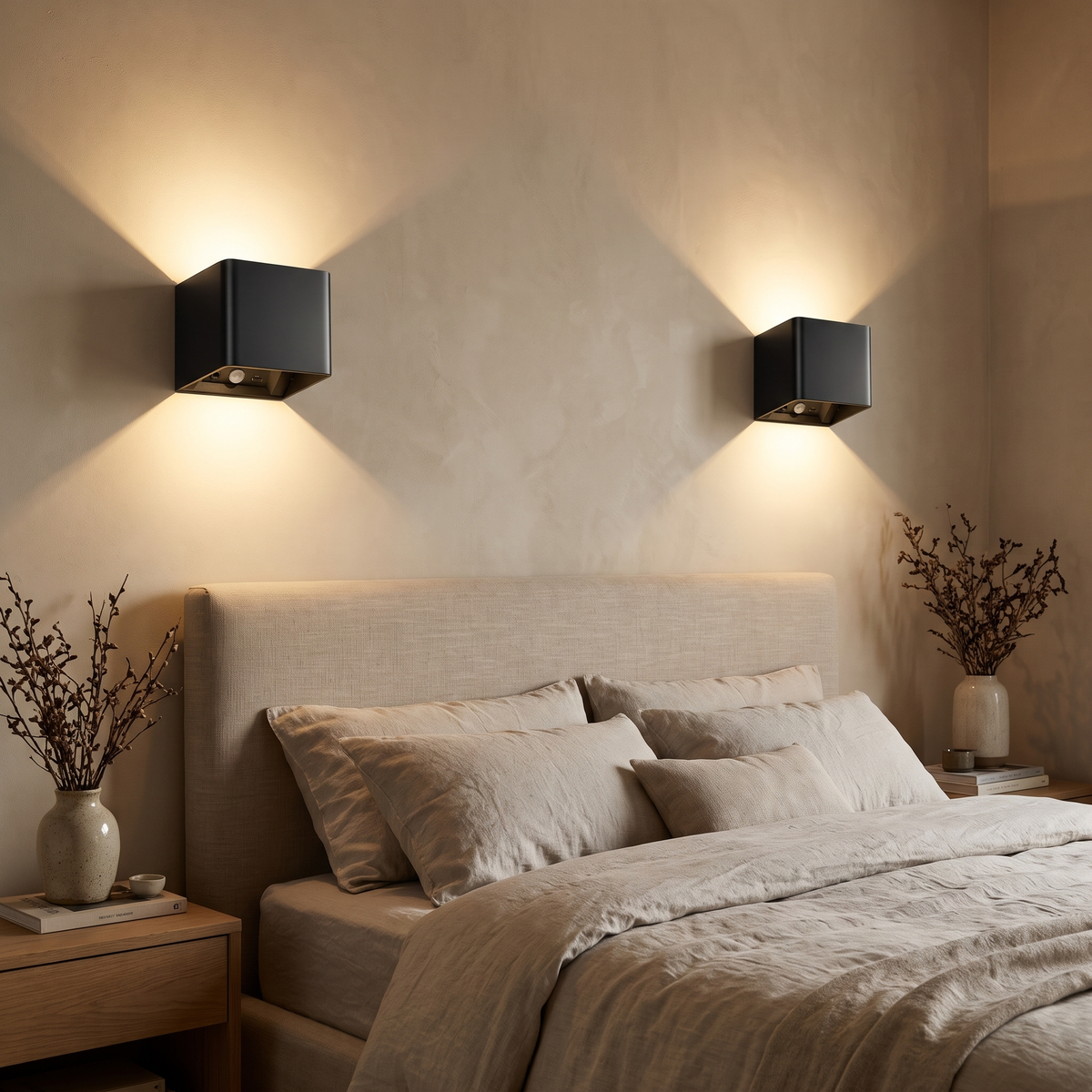 Deux appliques murales sans fil allumées au-dessus d'un lit