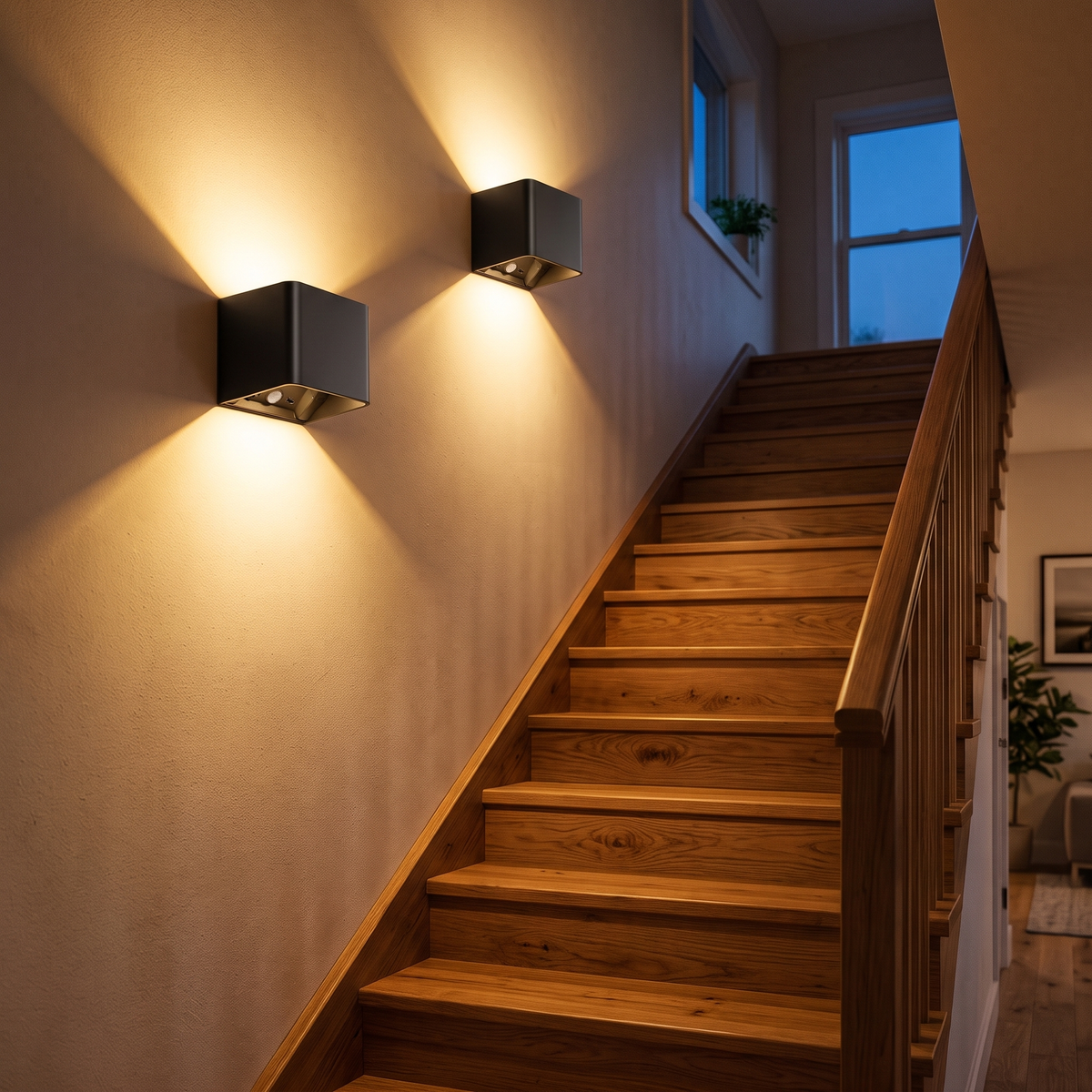 Appliques sans fil éclairant une montée d'escalier au crépuscule