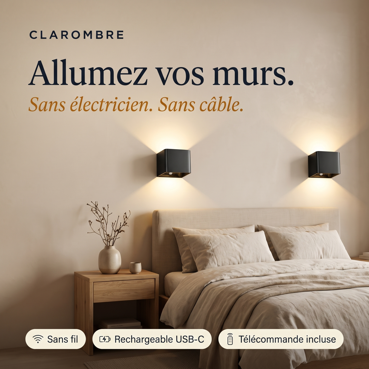 Deux appliques murales sans fil Clarombre allumées au-dessus d'un lit : sans électricien, sans câble