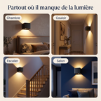 Applique sans fil installée dans une chambre, un couloir, un escalier et un salon