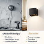 Comparaison entre une applique classique filaire et l'applique sans fil Clarombre : pose sans perçage, zéro câble, rechargeable