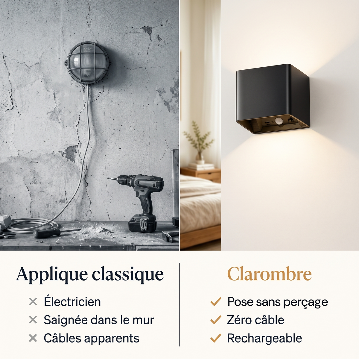 Comparaison entre une applique classique filaire et l'applique sans fil Clarombre : pose sans perçage, zéro câble, rechargeable