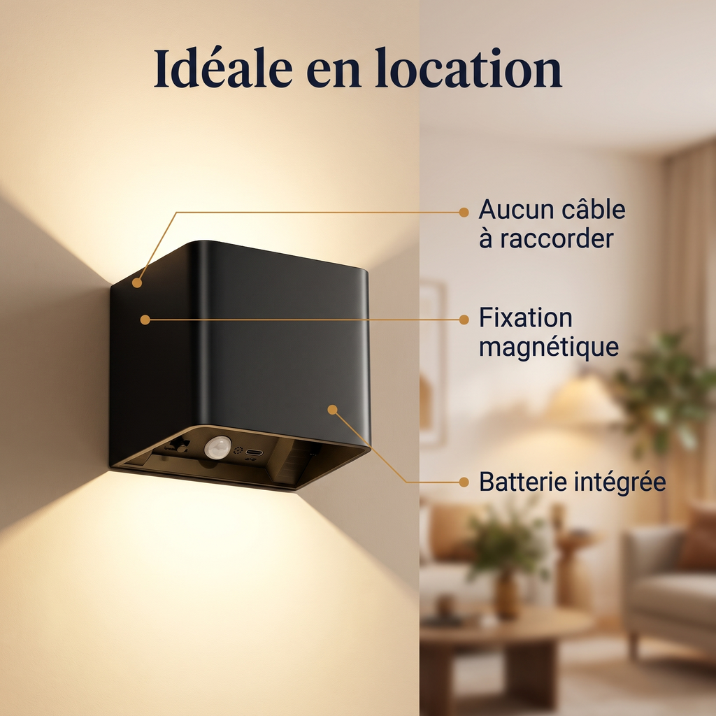 Applique sans fil idéale en location : aucun câble, fixation magnétique, batterie intégrée