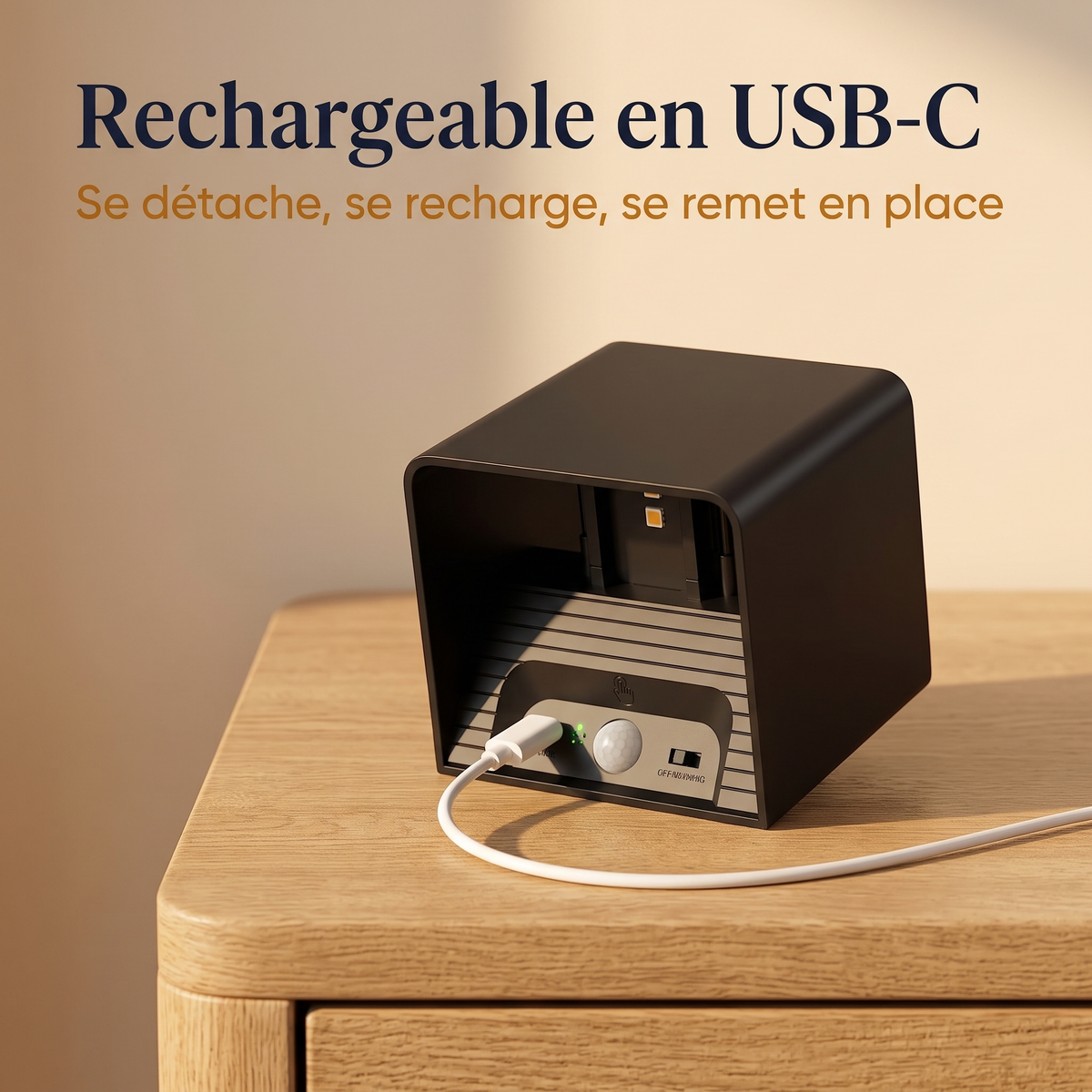 Applique rechargeable en USB-C, posée sur une table pendant la charge