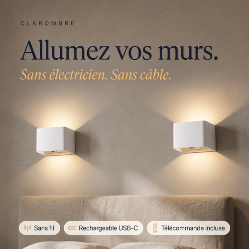 Deux appliques murales sans fil blanches allumées au-dessus d'un lit