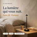 Lampe de table sans fil Clarombre allumée sur une table de chevet