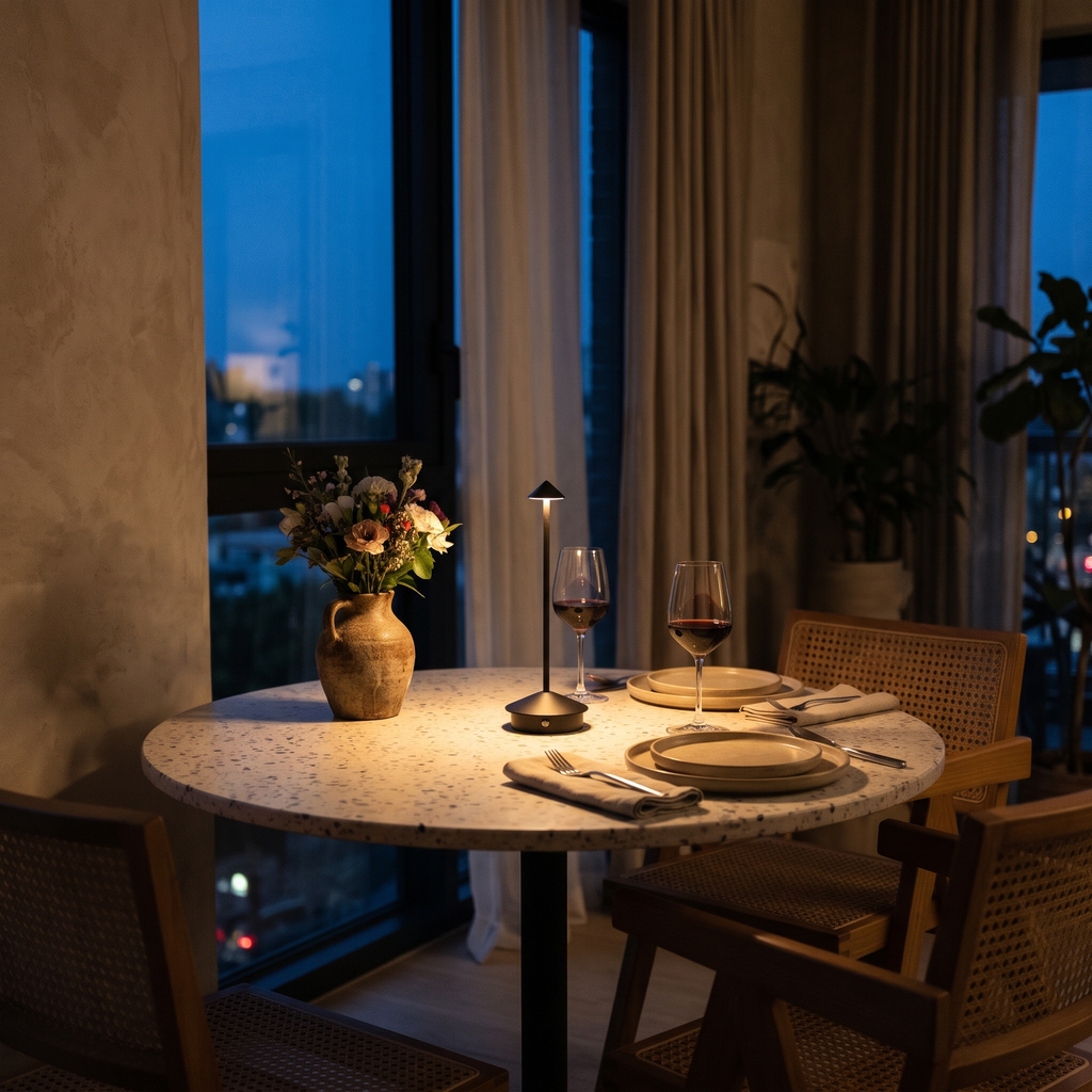 Lampe sans fil allumée sur une table de dîner pour deux