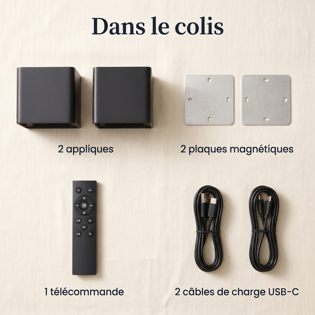 Contenu du colis : 2 appliques, 2 plaques magnétiques, 1 télécommande, 2 câbles de charge USB-C