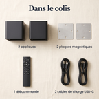 Contenu du colis : 2 appliques, 2 plaques magnétiques, 1 télécommande, 2 câbles de charge USB-C