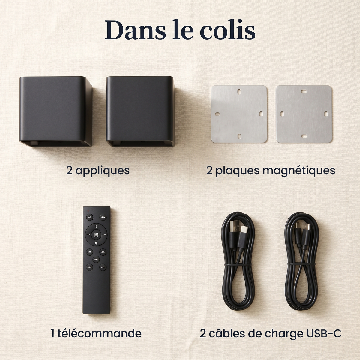 Contenu du colis : 2 appliques, 2 plaques magnétiques, 1 télécommande, 2 câbles de charge USB-C